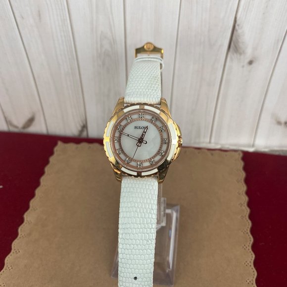 Bulova 2 Tone Rose Gold White Enamel Crystals White Leather Strap - Picture 2 of 7
